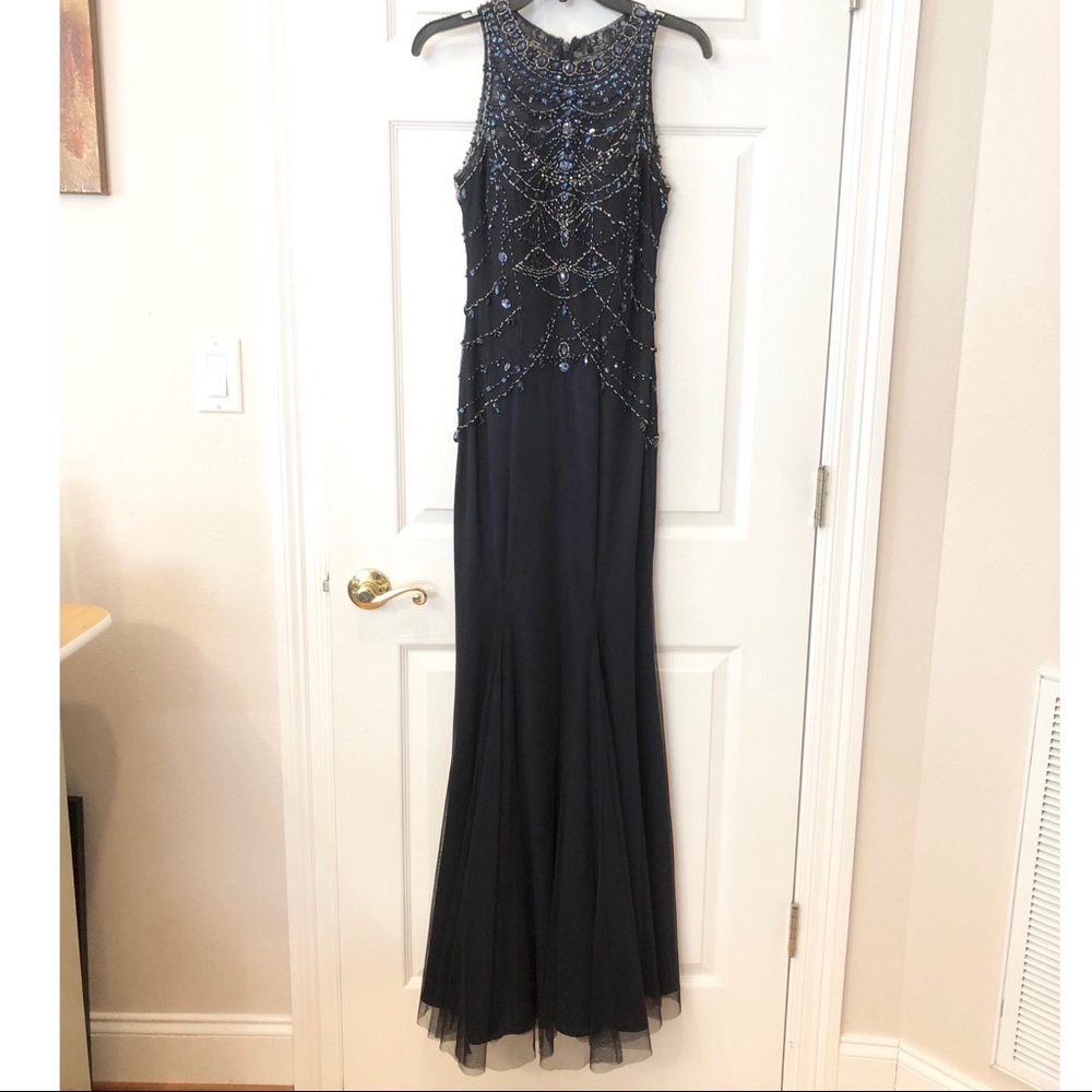 Betsy & Adam Ornate Beaded Navy Gown